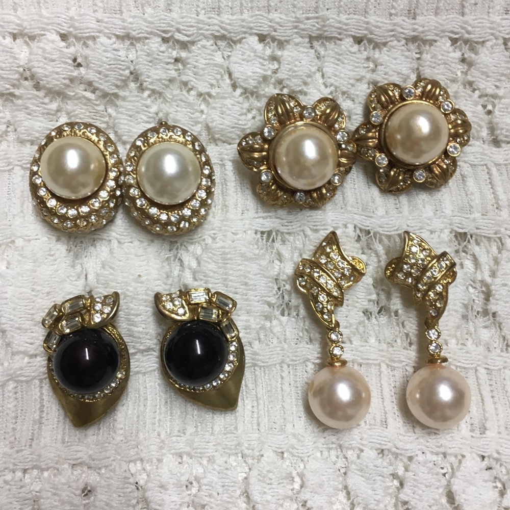 4 Sets of Rhinestone & Pearl Earrings